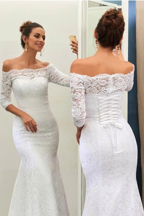 Off-The-Shoulder 3/4-Length Sleeves Lace-Up Mermaid Wedding Dress