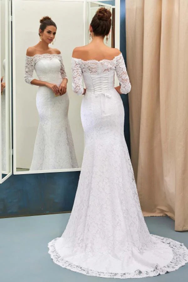 Off-The-Shoulder 3/4-Length Sleeves Lace-Up Mermaid Wedding Dress