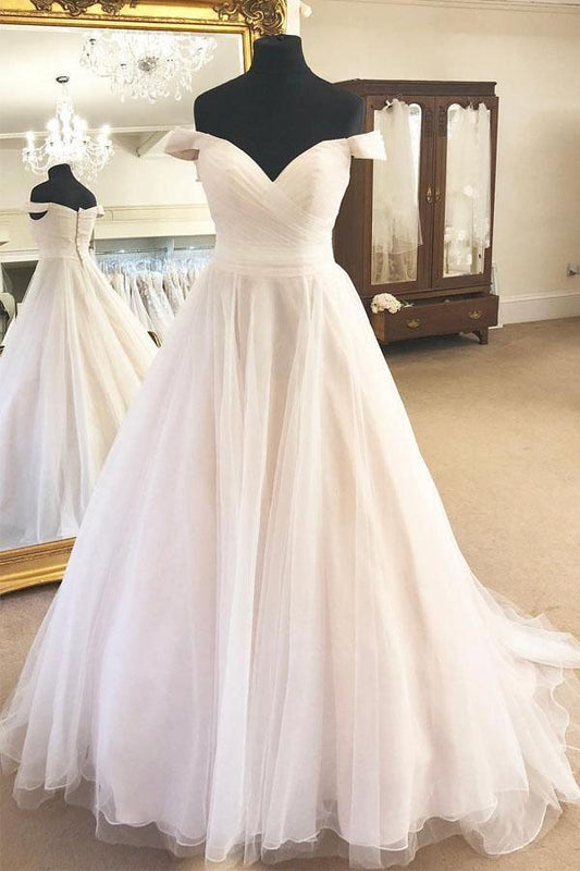 Off the Shoulder A-Line Ivory Wedding Dress with Pleats
