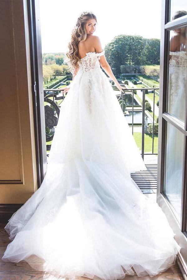 Off The Shoulder Lace Appliques Modest Tulle Princess Wedding Dress