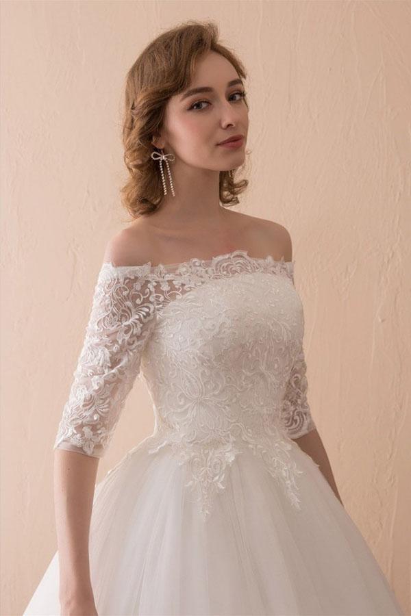 Off The Shoulder Lace Ball Gown Wedding Dress With 1/2 Sleeves