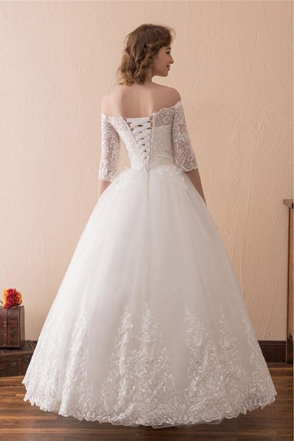 Off The Shoulder Lace Ball Gown Wedding Dress With 1/2 Sleeves