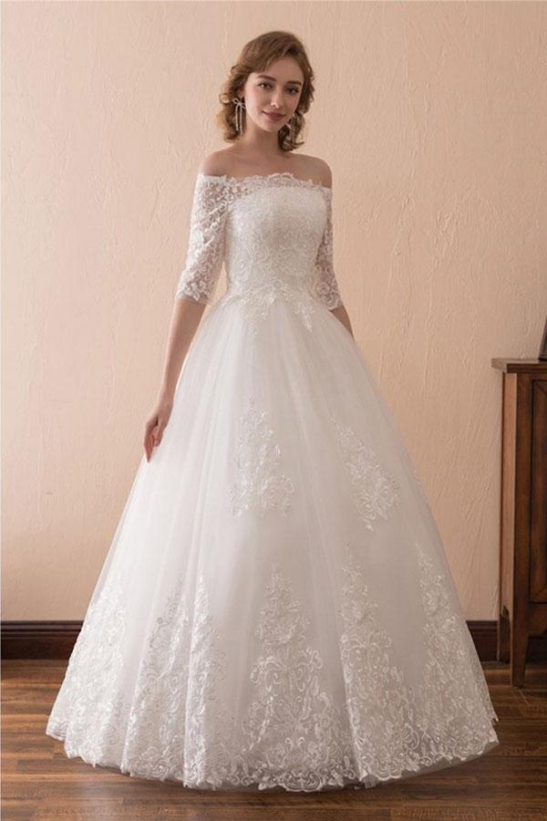 Off The Shoulder Lace Ball Gown Wedding Dress With 1/2 Sleeves