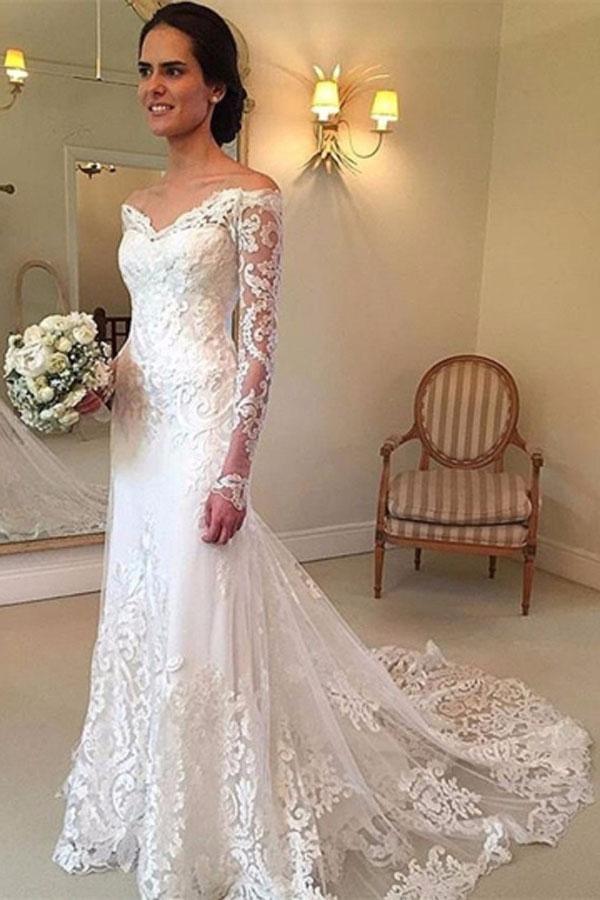 Off the Shoulder Long Sleeves Lace Wedding Dress Bridal Gown