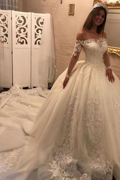 Off The Shoulder Long Sleeves Appliques Ball Gown Wedding Dress