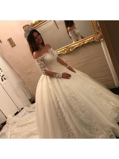 Off The Shoulder Long Sleeves Appliques Ball Gown Wedding Dress