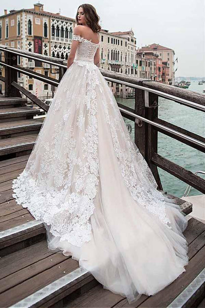 Off-the-shoulder Neckline A-line Wedding Dress With Lace Appliques
