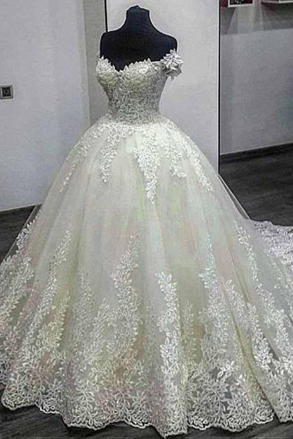 Off-the-shoulder Neckline Ball Gown Wedding Dress With Lace Appliques