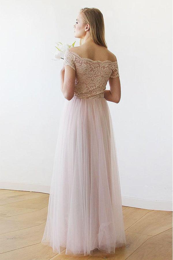 Off the Shoulder Pink Lace and Tulle Long Wedding Dress