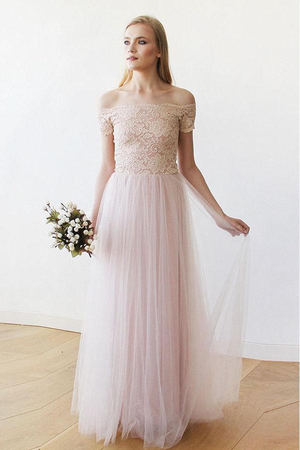 Off the Shoulder Pink Lace and Tulle Long Wedding Dress