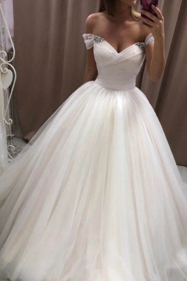 Off The Shoulder Tulle Sweetheart White Wedding Dresses Bridal Gown