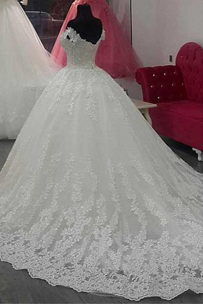 Off-the-shoulder Neckline Ball Gown Wedding Dress With Lace Appliques