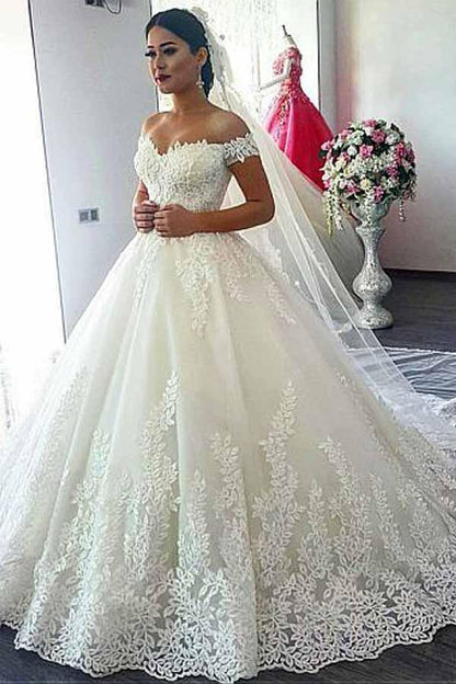 Off-the-shoulder Neckline Ball Gown Wedding Dress With Lace Appliques