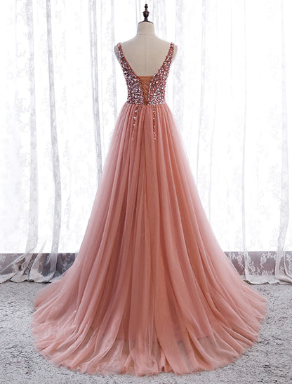 A-Line Prom Dresses Elegant Dress Party Wear Court Train Sleeveless V Neck Polyester with Pearls Embroidery