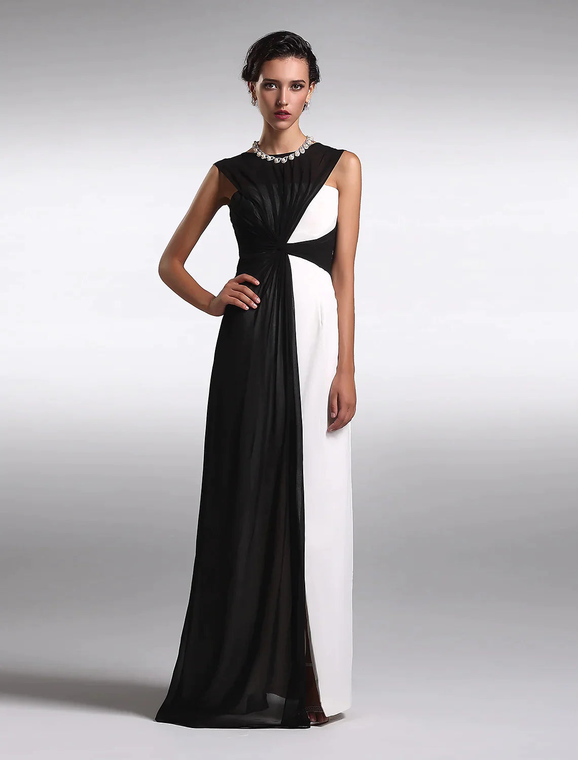 Sheath / Column Little Black Prom Dress Wedding Guest Floor Length Sleeveless Jewel Neck Georgette V Back with Ruched