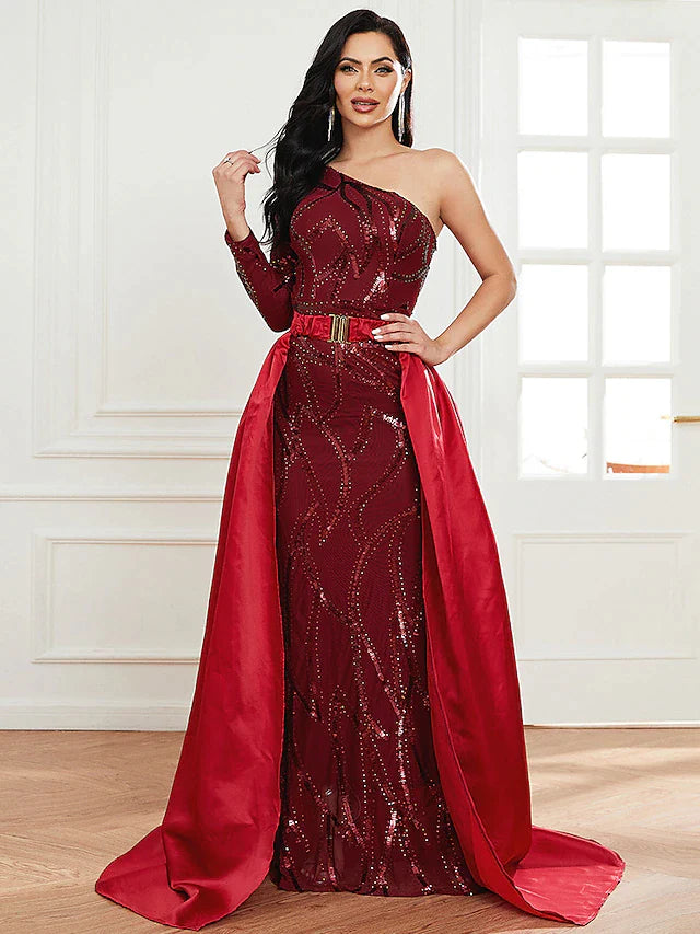 Mermaid / Trumpet Evening Gown Sexy Dress Formal Court Train Long Sleeve One Shoulder Polyester with Sequin