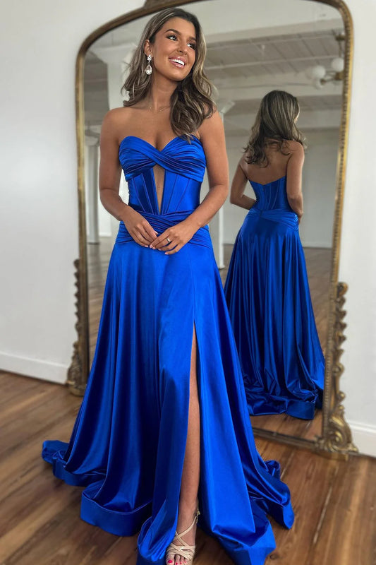 Royal Blue A-Line Off-the-Shoulder Sweetheart Zipper Back Long Satin Prom Dress With Split