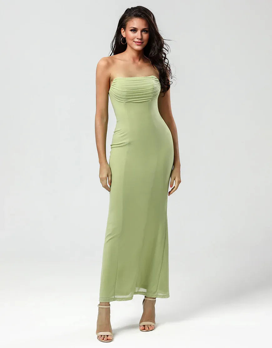 Strapless Off-the-Shoulder Mermaid Lemon Green Long Bridesmaid Dress With Slit