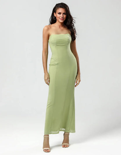 Strapless Off-the-Shoulder Mermaid Lemon Green Long Bridesmaid Dress With Slit