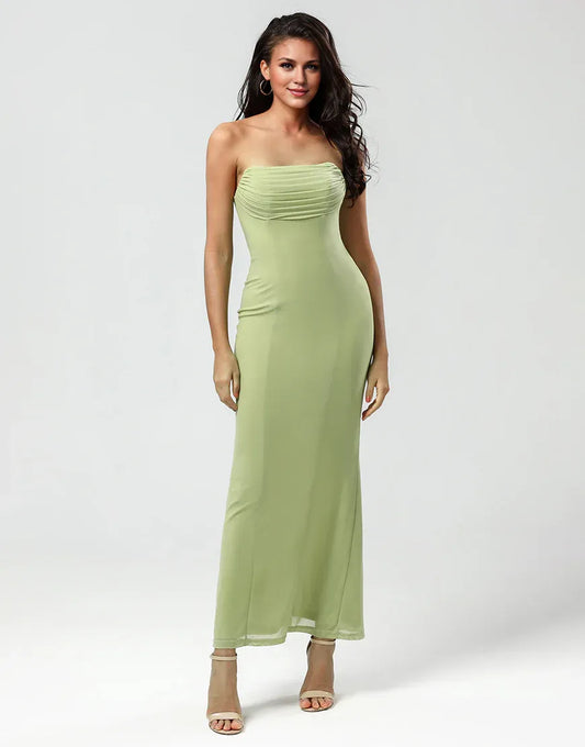 Strapless Off-the-Shoulder Mermaid Lemon Green Long Bridesmaid Dress With Slit