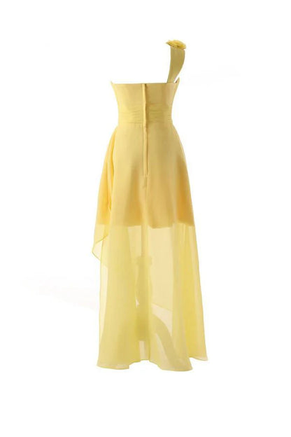 One Shoulder Floor Length Chiffon Yellow Bridesmaid Dress With Flower