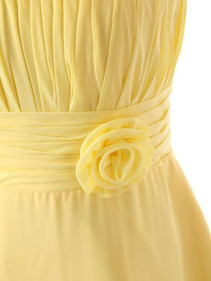 One Shoulder Floor Length Chiffon Yellow Bridesmaid Dress With Flower