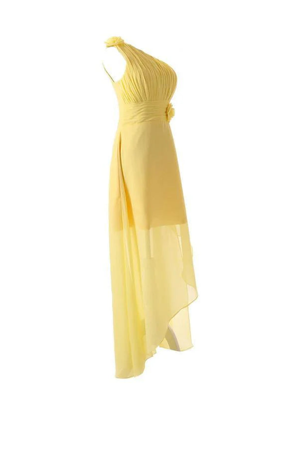 One Shoulder Floor Length Chiffon Yellow Bridesmaid Dress With Flower