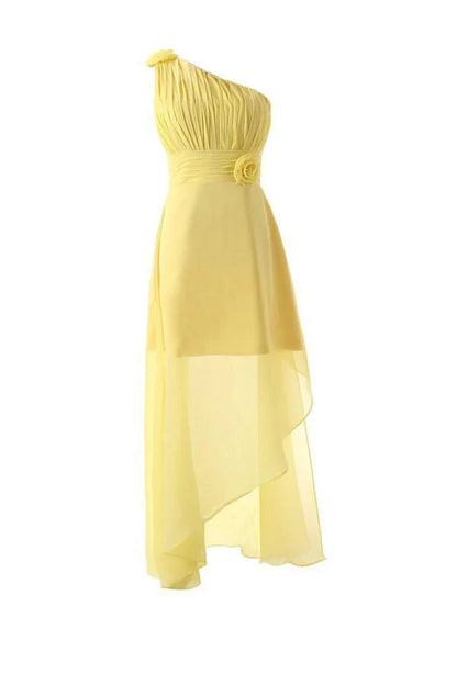 One Shoulder Floor Length Chiffon Yellow Bridesmaid Dress With Flower