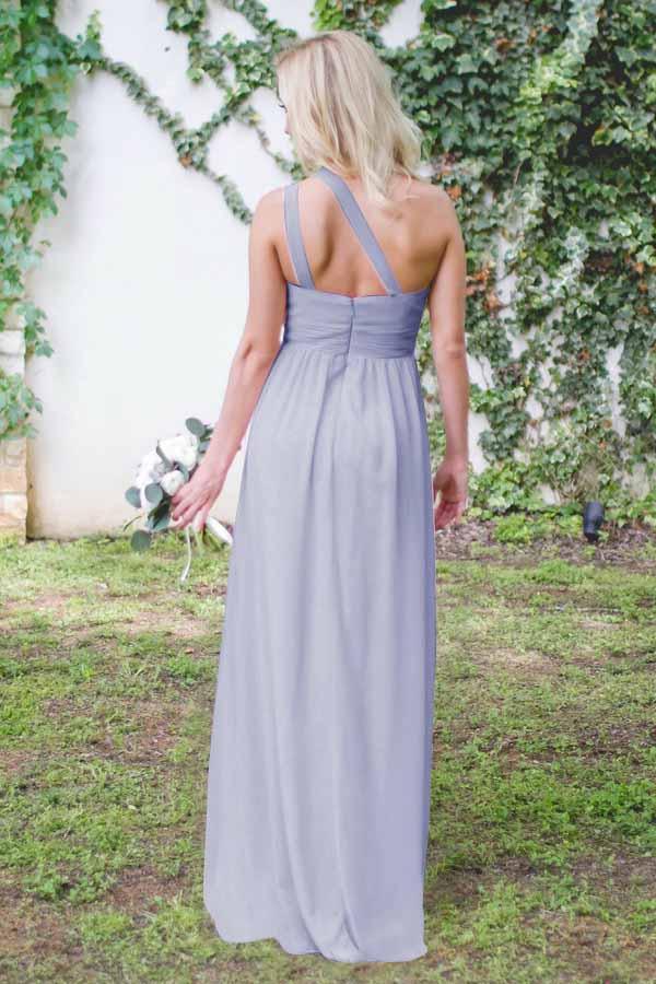 One-Shoulder Floor-Length Open Back Gray Chiffon Bridesmaid Dress