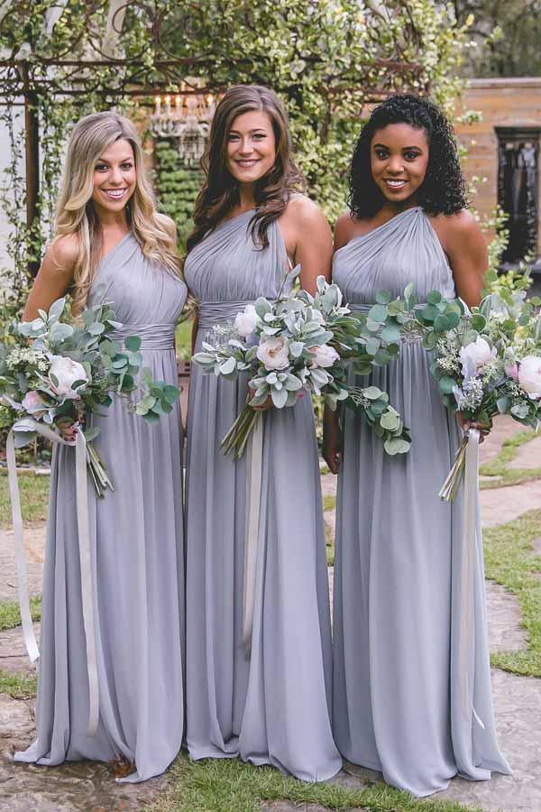 One-Shoulder Floor-Length Open Back Gray Chiffon Bridesmaid Dress