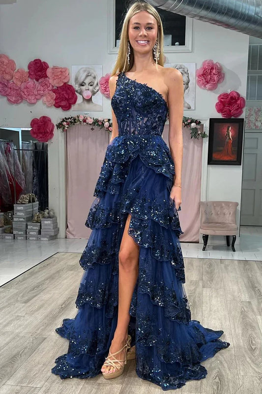 Tulle Sequin One-Shoulder Long Prom Dress with Slit