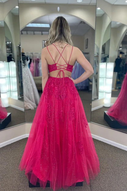 A-line Tulle Scoop Neckline Applique Slit Long Prom Dress