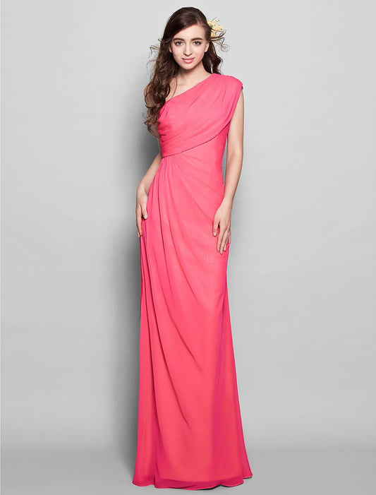 Sheath / Column Bridesmaid Dress One Shoulder Sleeveless Elegant Floor Length Chiffon with Side DrapingSheath / Column Bridesmaid Dress One Shoulder Sleeveless Elegant Floor Length Chiffon with Side Draping