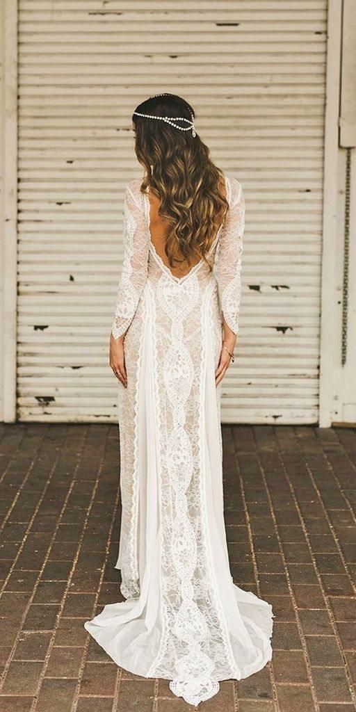 Lace Wedding Dress With Long Sleeve Open Back Bridal Gown