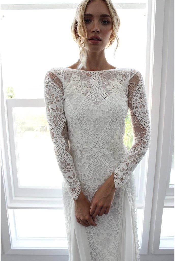 Lace Wedding Dress With Long Sleeve Open Back Bridal Gown