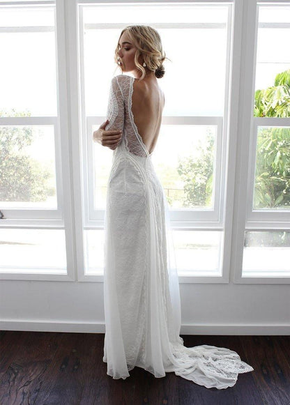 Lace Wedding Dress With Long Sleeve Open Back Bridal Gown