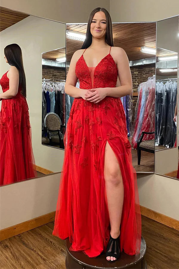 Plunging V Neck Floral Appliques Long Prom Dress with Slit