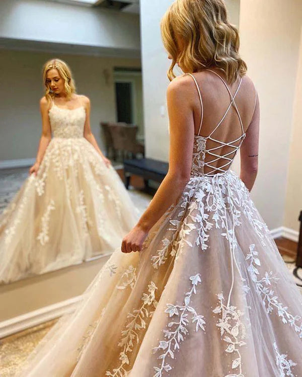 A Line Party Dresses Formal Dresses Spaghetti Straps Sweetheart Long Prom Dress With Appliques