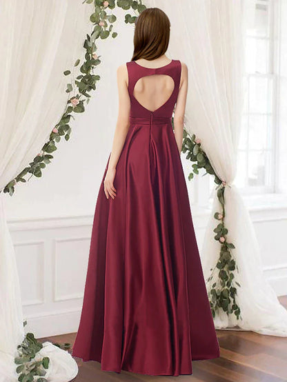 A-Line Bridesmaid Dress Jewel Neck Sleeveless Elegant Floor Length Charmeuse with Pleats