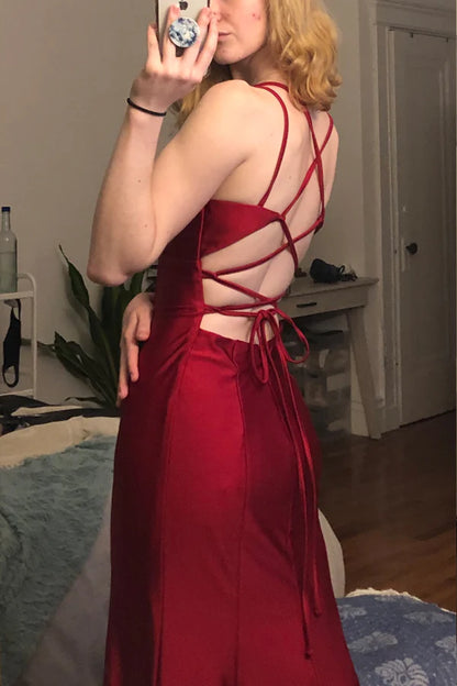 Mermaid V Neck Cross Back Burgundy Satin Long Prom Dress