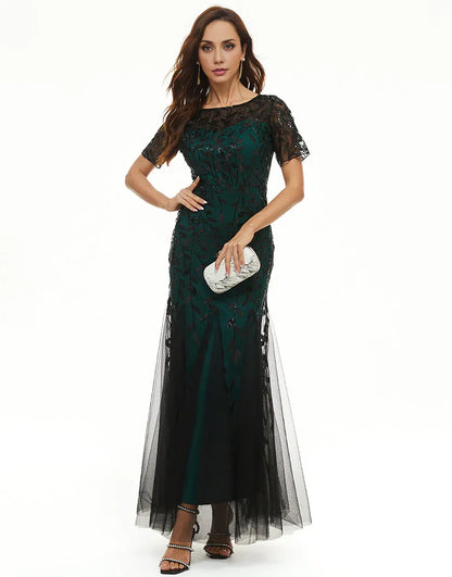 Leaves Sequins Round Neck Mother Dress Tulle with Short Sleeves