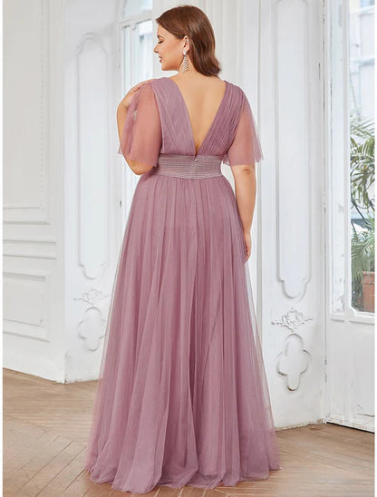 A-Line Bridesmaid Dress V Neck Short Sleeve Plus Size Floor Length Tulle with Ruffles / Draping / Tier / Butterfly Sleeve