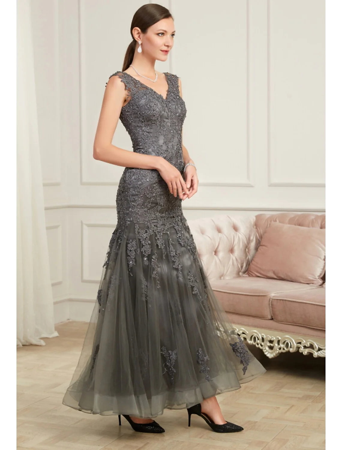 Mermaid / Trumpet Evening Gown Elegant Dress Party Wear Floor Length Sleeveless V Neck Polyester with Sequin Appliques