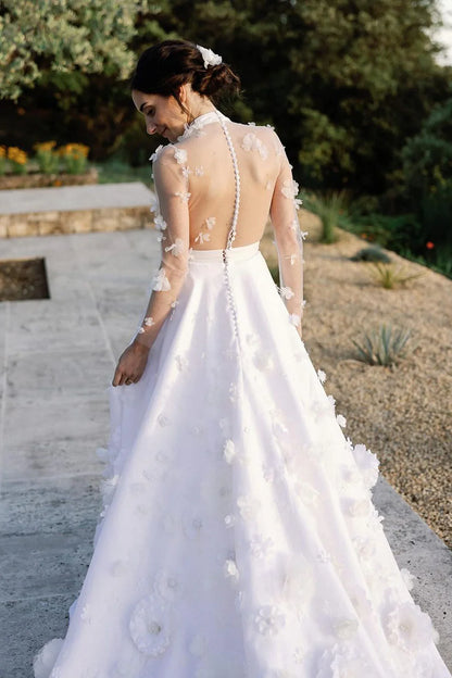 Fairy Ball Gown Satin Round Neck Tulle Back Buckle Wedding Dresses with 3D Flowers