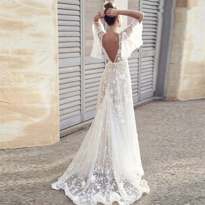 Popular White V-Neck Lace Open Back Wedding Gown With Cap Sleeves