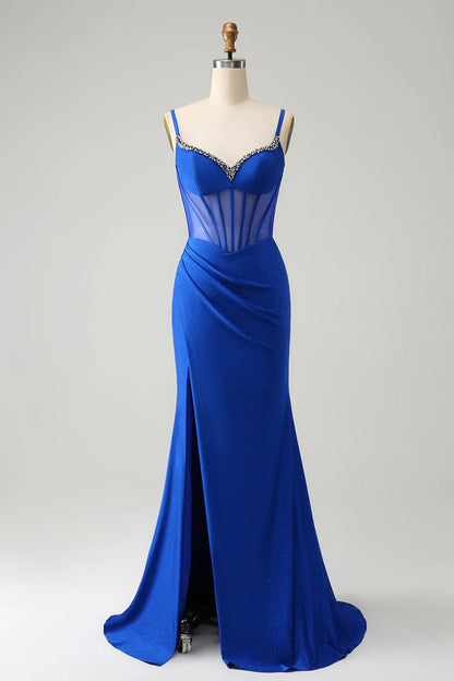 Royal Blue V-Neck Mermaid Spaghetti Strap Beaded Corset Long Prom Dress with Slit