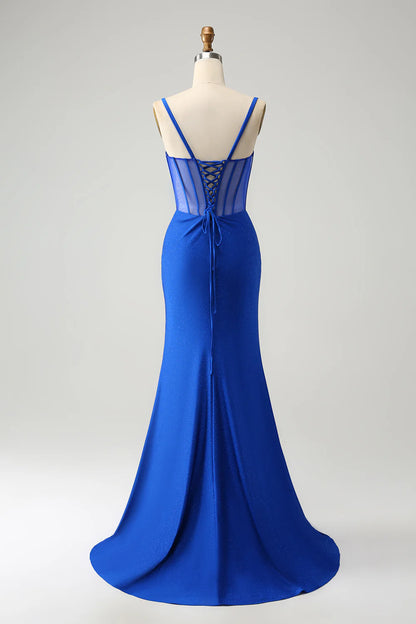 Royal Blue V-Neck Mermaid Spaghetti Strap Beaded Corset Long Prom Dress with Slit