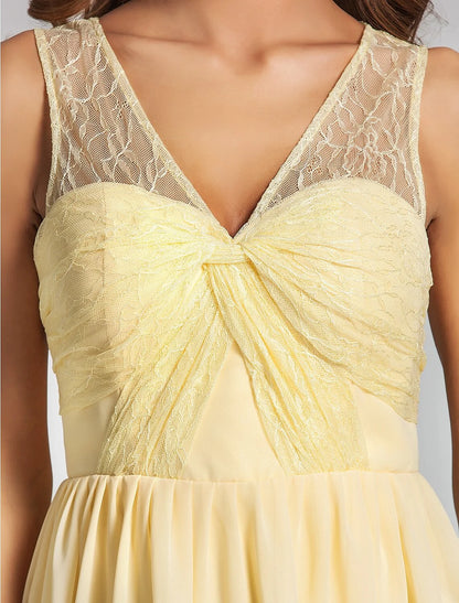 A-Line V Neck Short / Mini Chiffon Bridesmaid Dress with Lace / Criss Cross / Ruched / See Through