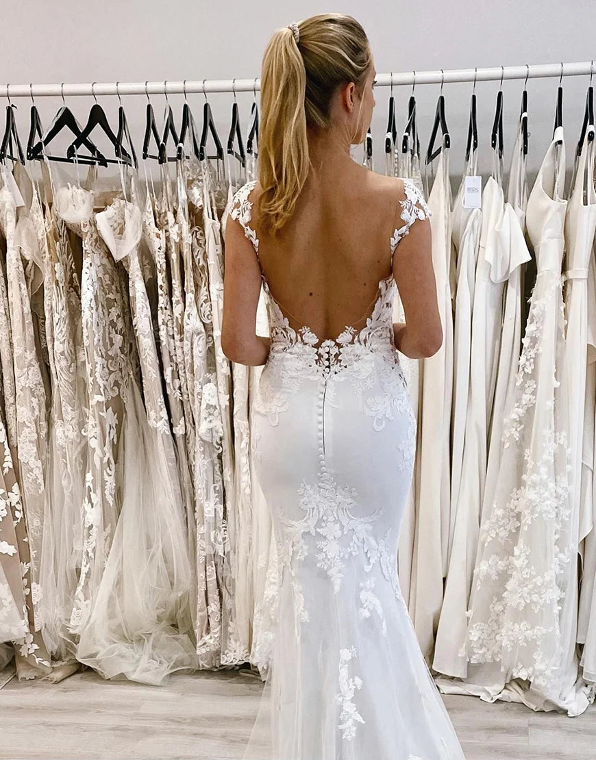 Mermaid Deep V-Neck Long Wedding Dress with Lace