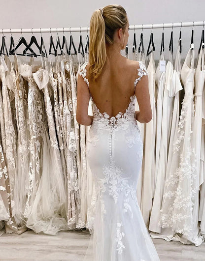 Mermaid Deep V-Neck Long Wedding Dress with Lace